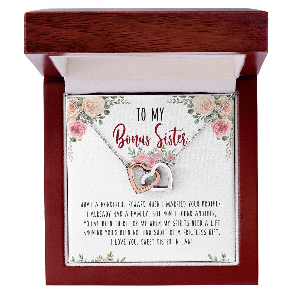 To My Bonus Sister Interlocking Hearts Necklace Birthday Message Card Gift