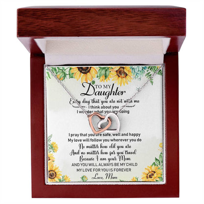 To My Daughter Sunflower Interlocking Hearts Necklace Birthday Message Card