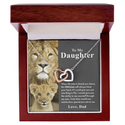 To My Daughter – This Old Lion Will Have Your Back Interlocking Hearts Necklace