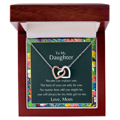 To My Daughter No One Can Replace You Necklace. Embellished With Cubic Zirconia Stones. Interlocking Hearts Necklace