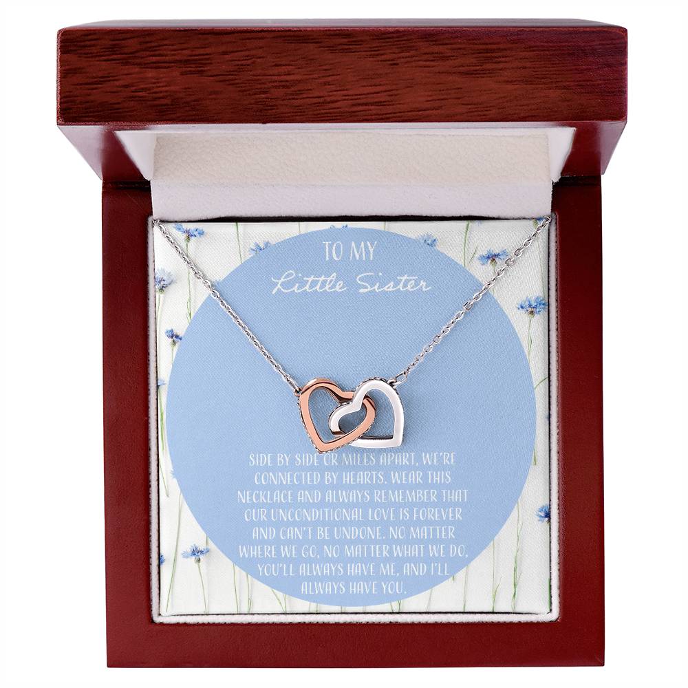 To My Little Sister Side By Side Interlocking Hearts Necklace
