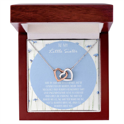 To My Little Sister Side By Side Interlocking Hearts Necklace