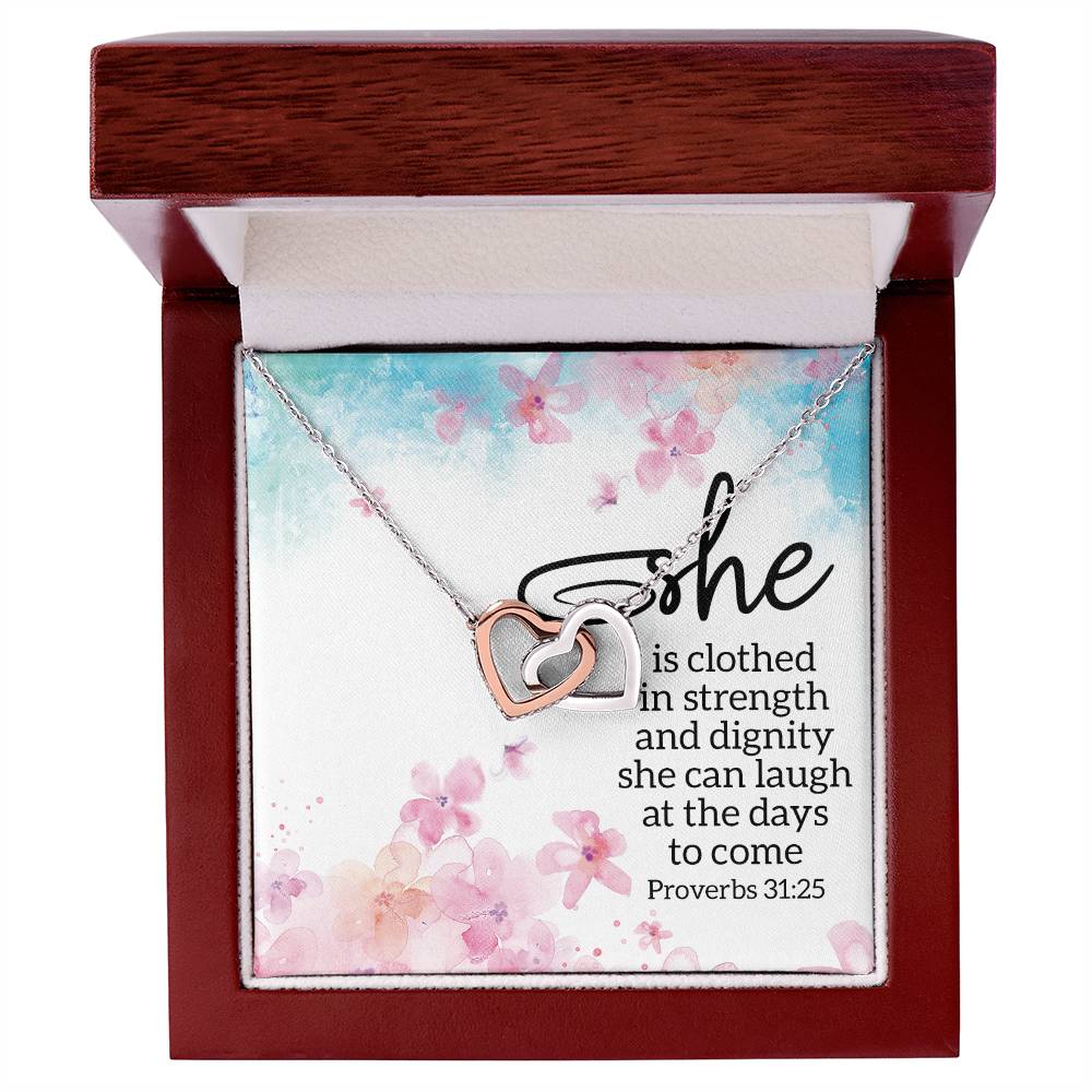 Proverbs 3125 - She Is Clothed Interlocking Hearts Necklace