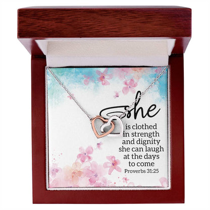 Proverbs 3125 - She Is Clothed Interlocking Hearts Necklace