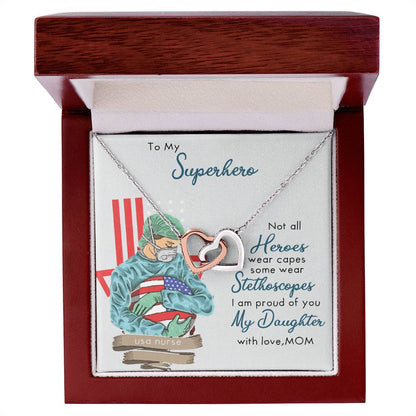 My Superhero Nurse Daughter Interlocking Hearts Necklace