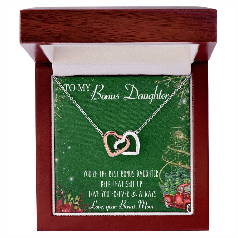 To My Bonus Daughter Interlocking Hearts Necklace Message Card