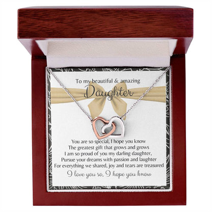 To My Beautiful Daughter 2 Hearts - Exclusive Offer Ribbon Interlocking Hearts Necklace