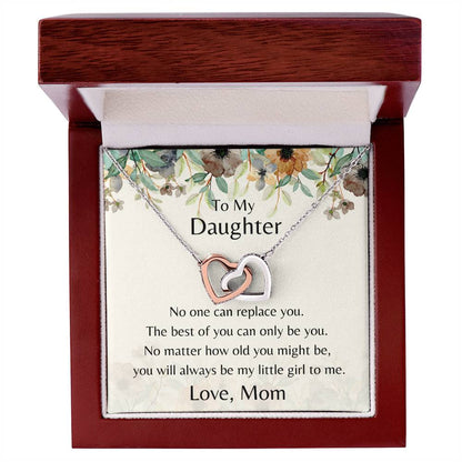To My Daughter No One Can Replace You Necklace. Embellished With Cubic Zirconia Stones. Interlocking Hearts Necklace