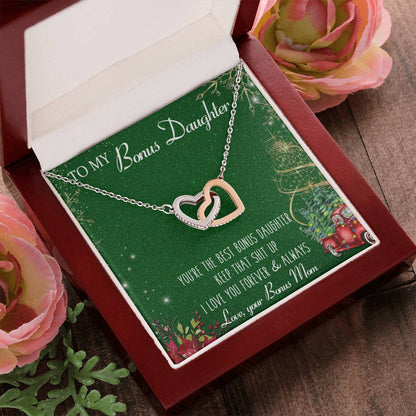 To My Bonus Daughter Interlocking Hearts Necklace Message Card