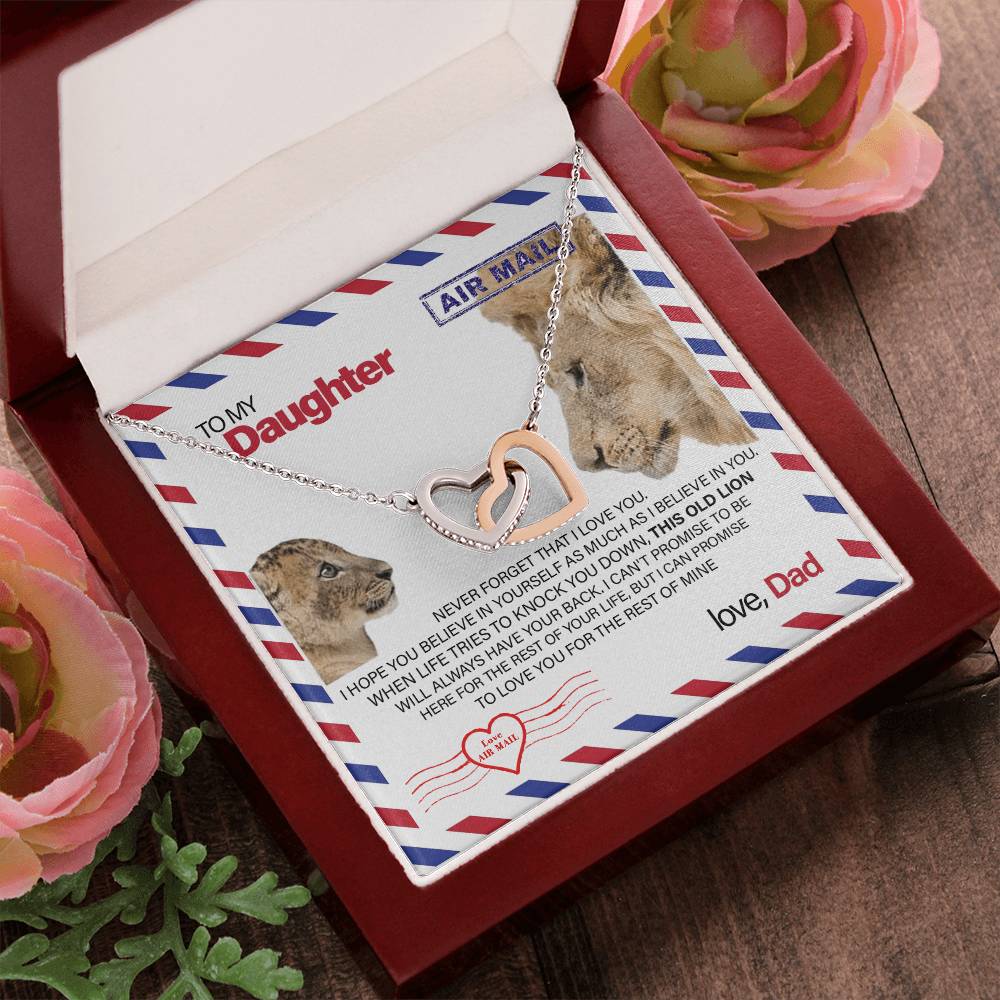 To My Daughter - This Old Lion Will Always Have Your Back Interlocking Hearts Necklace