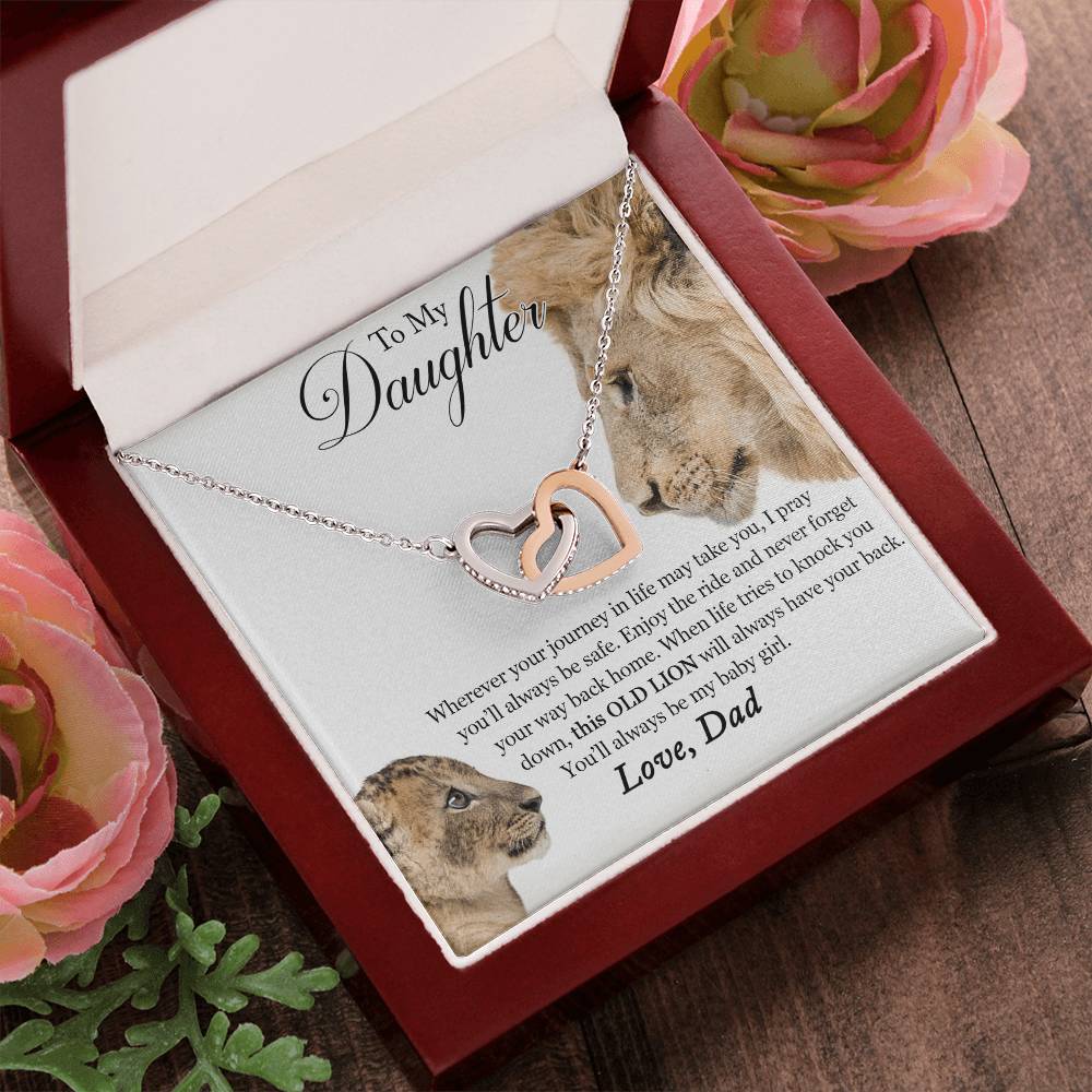 To My Daughter - This Old Lion Will Always Have Your Back Interlocking Hearts Necklace