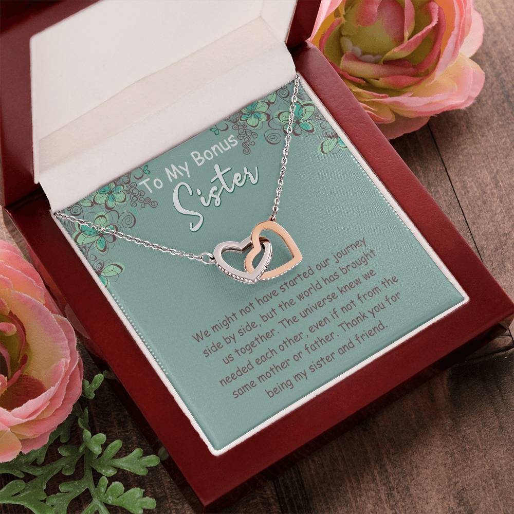 To My Bonus Sister Interlocking Hearts Necklace Message Card