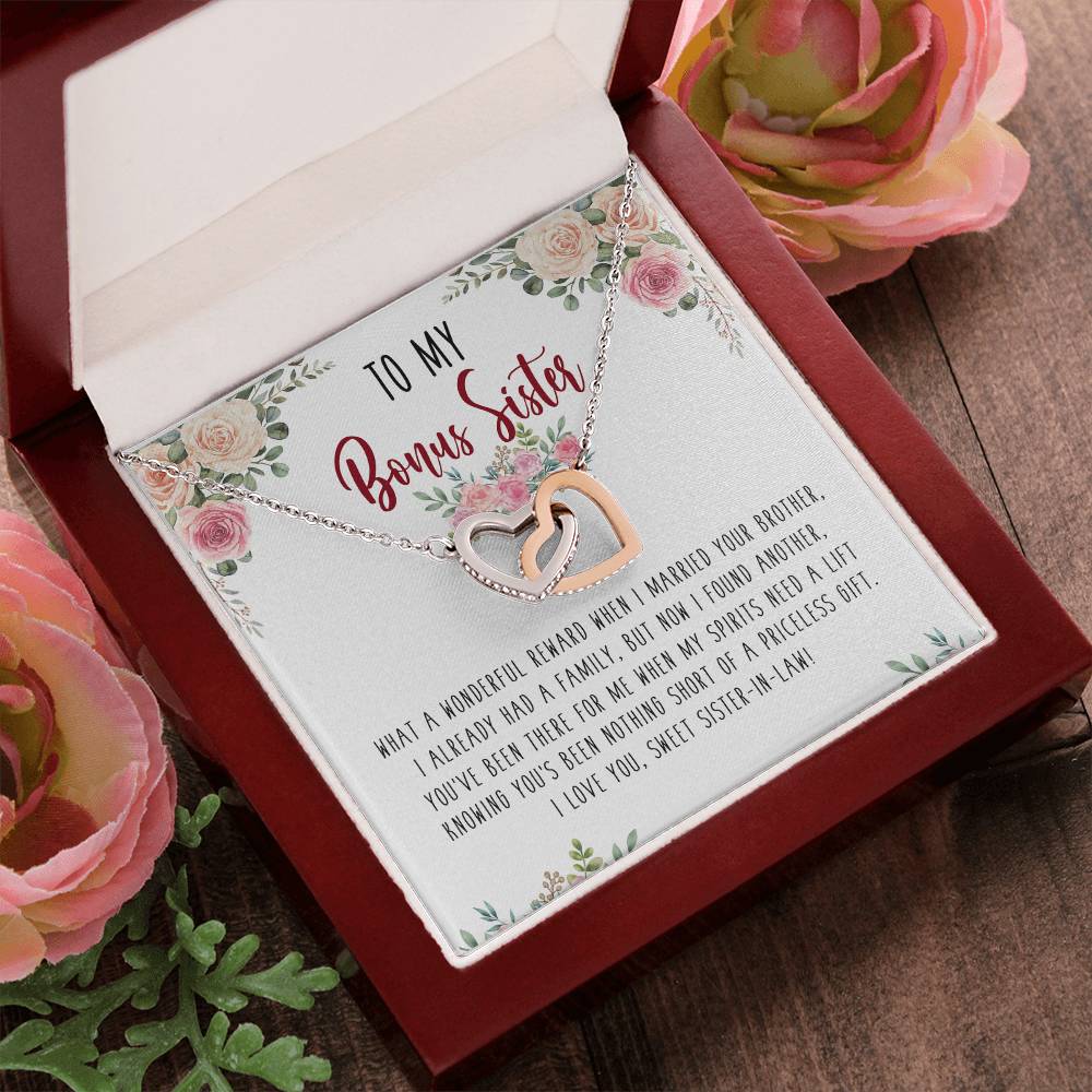 To My Bonus Sister Interlocking Hearts Necklace Birthday Message Card Gift