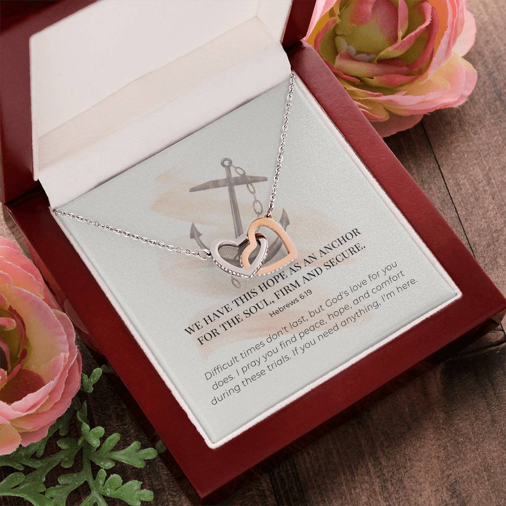 Scripture Encouragement Interlocking Hearts Necklace Hebrews 619 Cream Brush