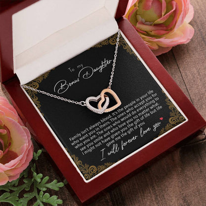 To My Bonus Daughter Family Isn'T Always Blood Interlocking Hearts Necklace