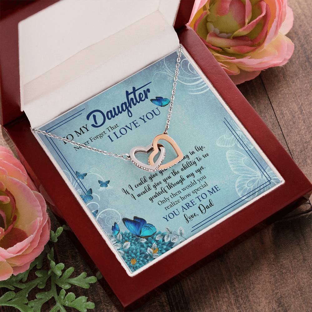 To My Daughter I Love You Butterfly Interlocking Heart Necklace Birthday Message Card From Dad Interlocking Hearts Necklace