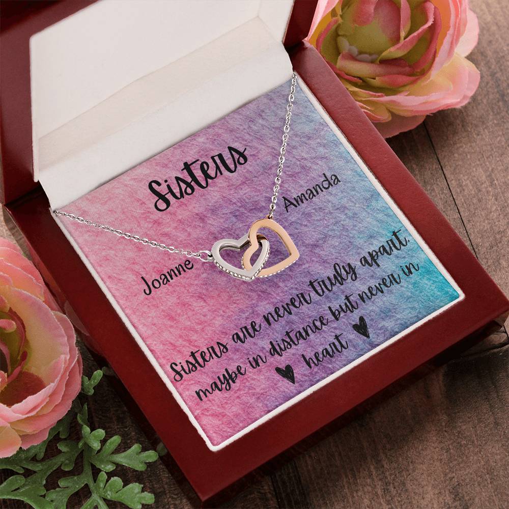 Sisters - Interlocking Necklace - Rainbow Background - Personalized Interlocking Hearts Necklace