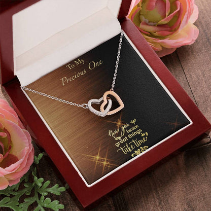 Great Things Take Time - Brushed Background Interlocking Hearts Necklace