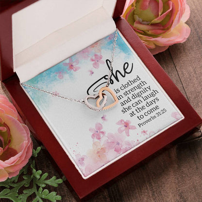 Proverbs 3125 - She Is Clothed Interlocking Hearts Necklace