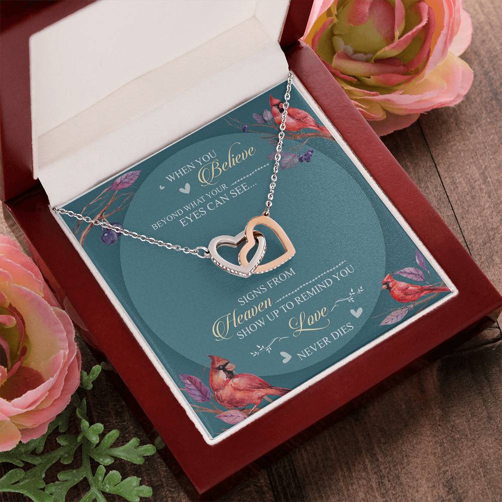 When You Believe Beyond What Your Eyes Can See Interlocking Hearts Necklace Cardinal Bird