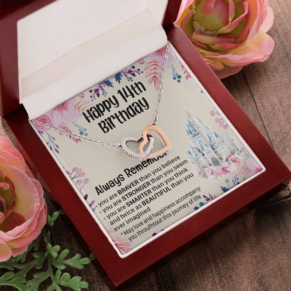 Happy 14Th Birthday Necklace Gift For Daughter Gift For 14 Years Old Teen 14 Year Old Birthday Girl Custom Card Interlocking Hearts Necklace
