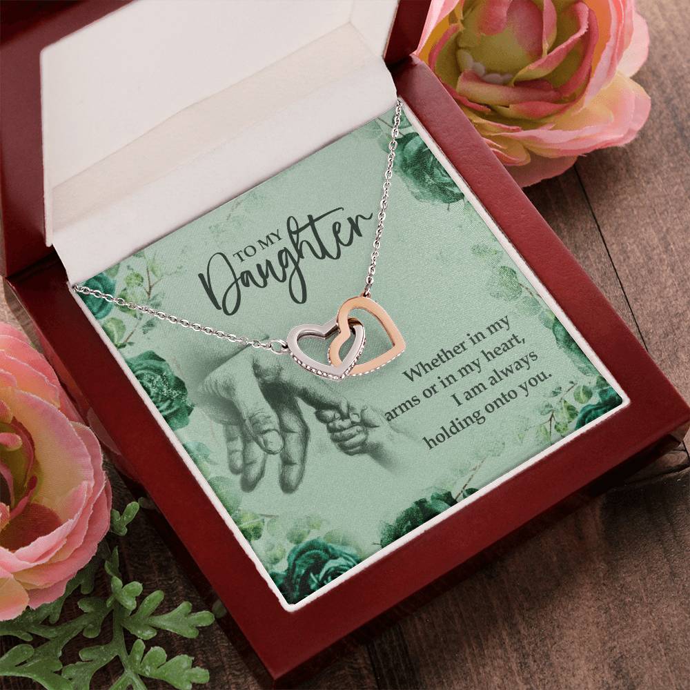 To My Daughter Holding Onto You. Artisan Zirconia Necklace Interlocking Hearts Necklace