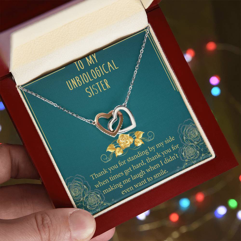 To My Unbiological Sister Interlocking Hearts Necklace Message Card