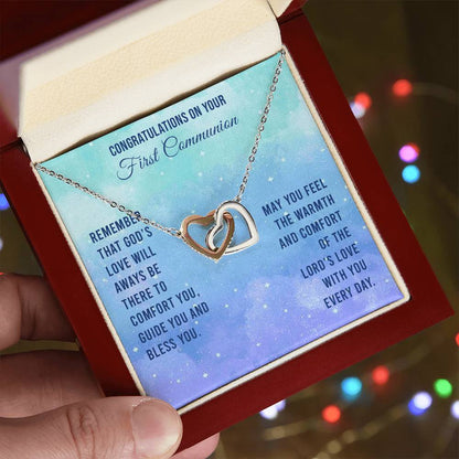Congratulations On Your First Communion - Remember That God'S Love Will Aways Be There To Comfort You Guide You And Bless - Necklace Interlocking Hearts Necklace