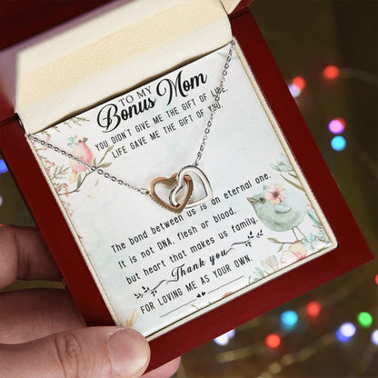 To My Bonus Mom Interlocking Hearts Necklace Message Card