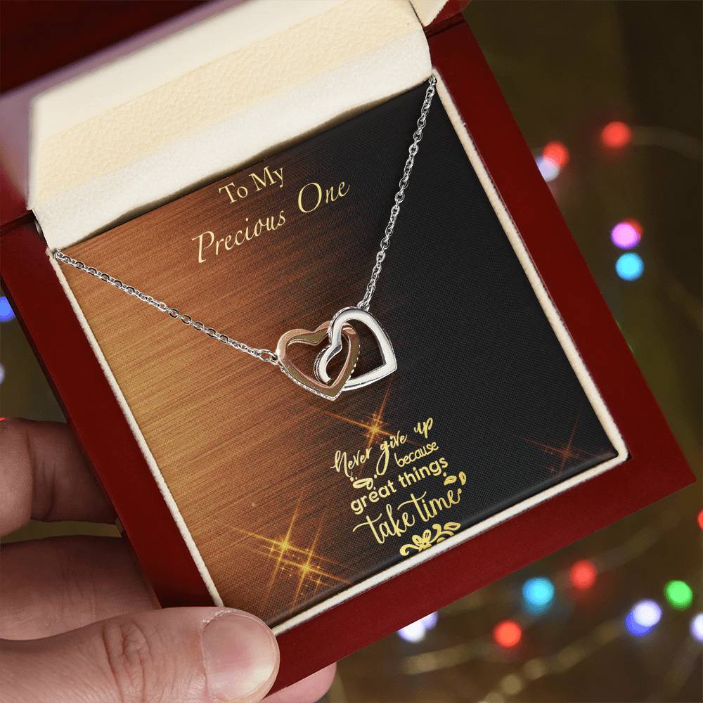 Great Things Take Time - Brushed Background Interlocking Hearts Necklace