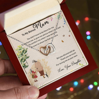 To My Bonus Mom Interlocking Hearts Necklace Message Card
