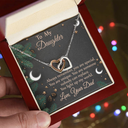 To Daughter - From Dad - You Light Up My World Necklace Interlocking Hearts Necklace