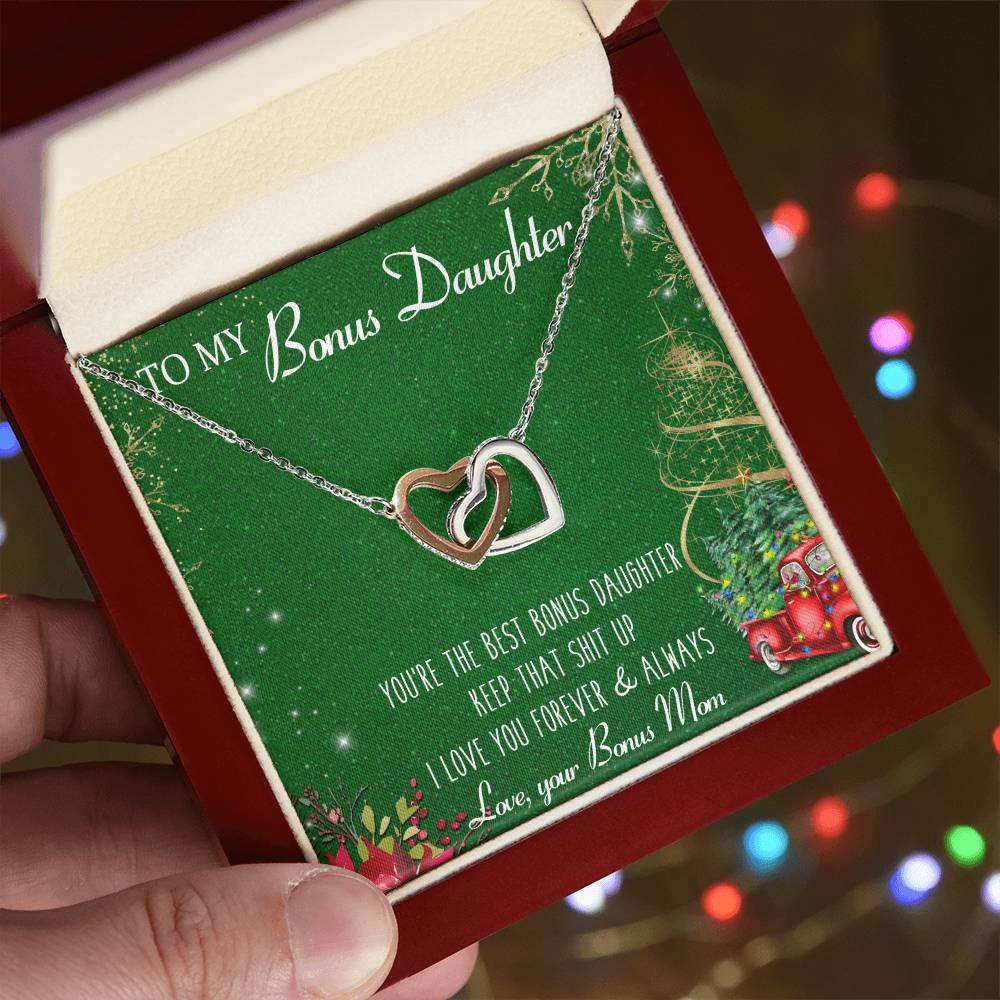 To My Bonus Daughter Interlocking Hearts Necklace Message Card