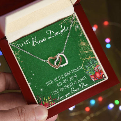 To My Bonus Daughter Interlocking Hearts Necklace Message Card