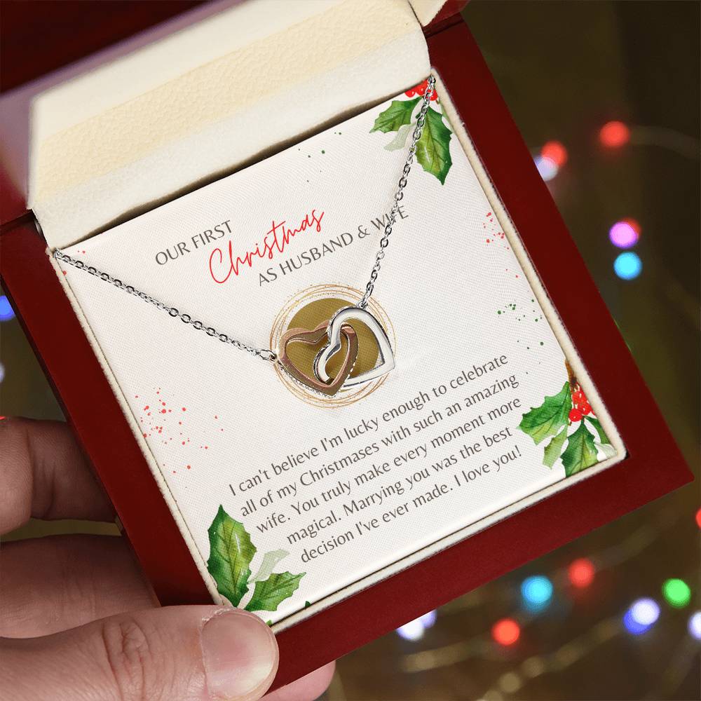 First Christmas Husband & Wife Interlocking Hearts Necklace Cream Holly