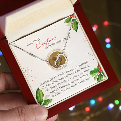 First Christmas Husband & Wife Interlocking Hearts Necklace Cream Holly