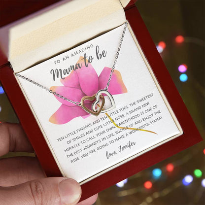 To An Amazing Mama To Be - Pink Rose Interlocking Hearts Necklace