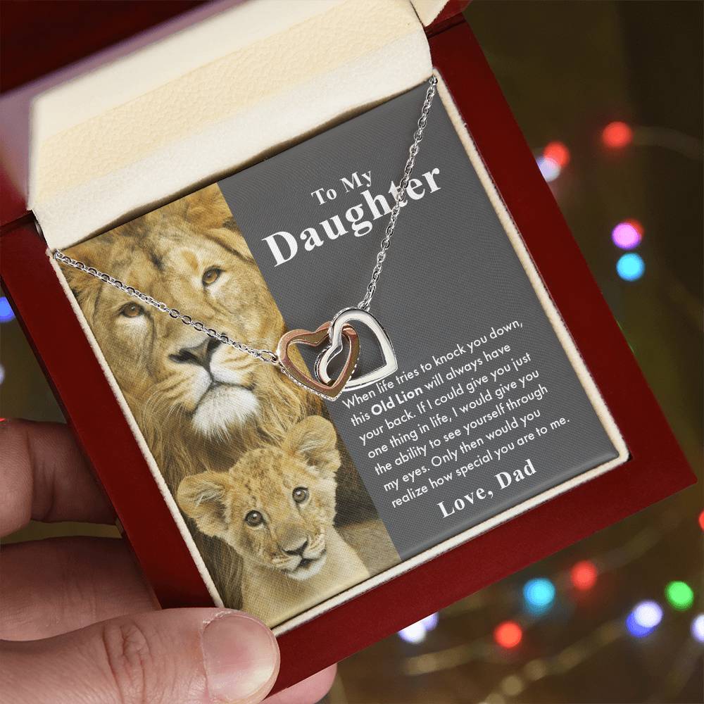 To My Daughter – This Old Lion Will Have Your Back Interlocking Hearts Necklace