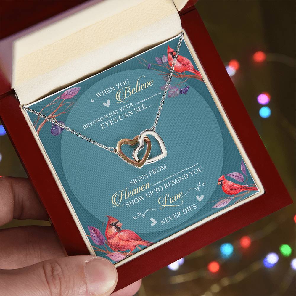 When You Believe Beyond What Your Eyes Can See Interlocking Hearts Necklace Cardinal Bird