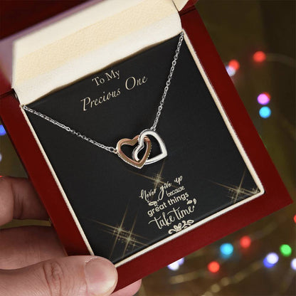 Never Give Up - Black Background Interlocking Hearts Necklace