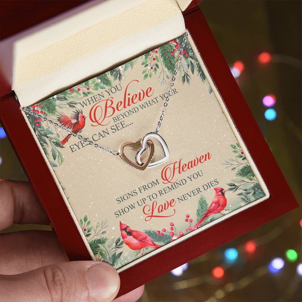 When You Believe Beyond What Your Eyes Interlocking Hearts Necklace Message Card