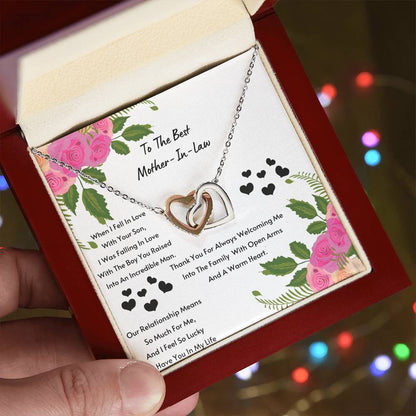Mother In Law- I Feel So Lucky To Have You. Interlocking Hearts Necklace