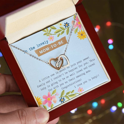 Mom To Be Interlocking Hearts Necklace Blue Floral Baby Shower