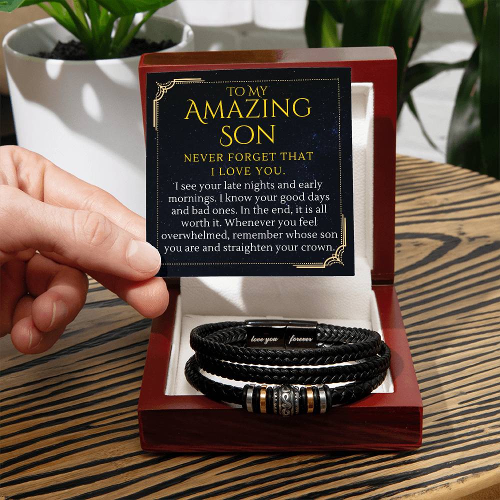To My Amazing Son Gift, Straighten Your Crown Encouragement Men Bracelet - Love You Forever Bracelet