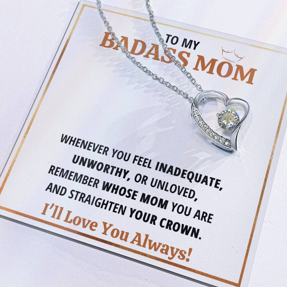 To My Badass Mom Crown Heart Necklace Gift Set Forever Love Necklace